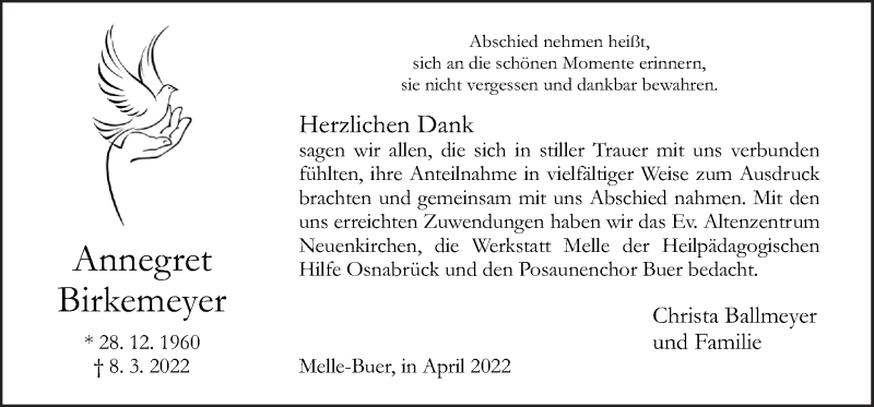  Traueranzeige für Annegret Birkemeyer vom 09.04.2022 aus Neue Osnabrücker Zeitung GmbH & Co. KG