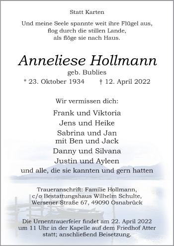 Traueranzeige von Anneliese Hollmann von Neue Osnabrücker Zeitung GmbH & Co. KG