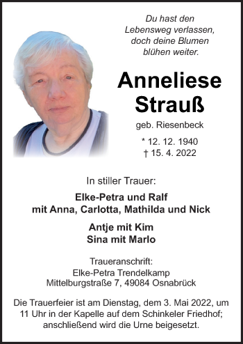 Traueranzeige von Anneliese Strauß von Neue Osnabrücker Zeitung GmbH & Co. KG