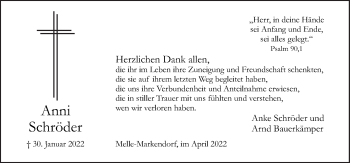 Traueranzeige von Anni Schröder von Neue Osnabrücker Zeitung GmbH & Co. KG