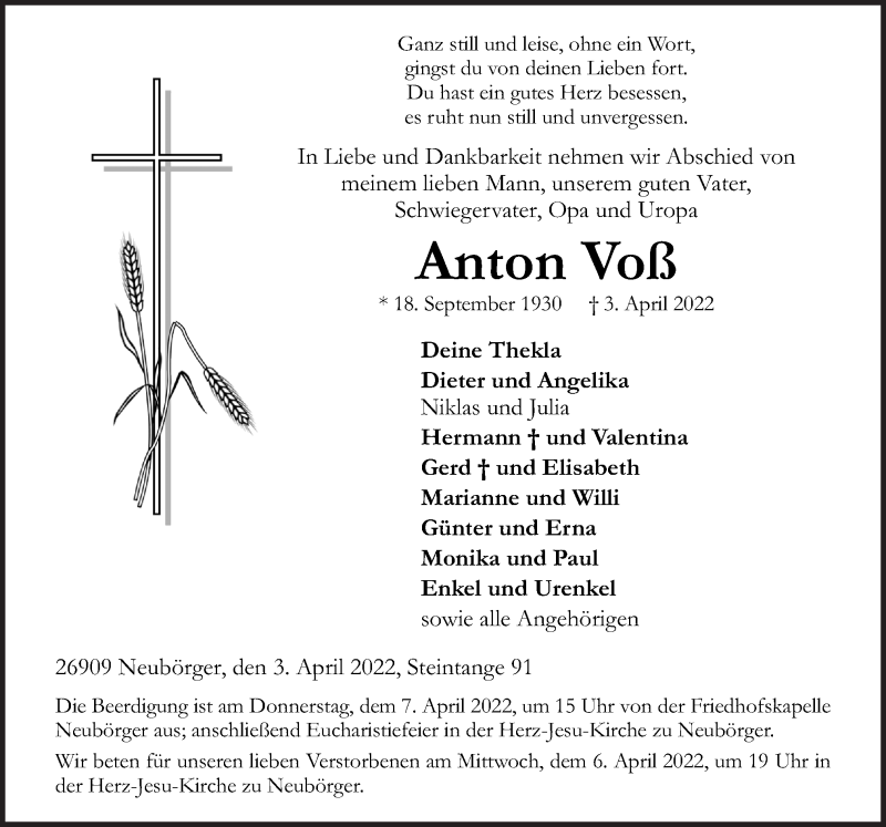  Traueranzeige für Anton Voß vom 05.04.2022 aus Neue Osnabrücker Zeitung GmbH & Co. KG