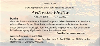 Traueranzeige von Antonia Wester von Neue Osnabrücker Zeitung GmbH & Co. KG