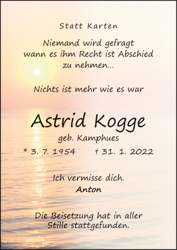 Traueranzeige von Astrid Kogge von Neue Osnabrücker Zeitung GmbH & Co. KG