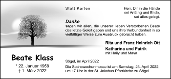 Traueranzeige von Beate Klass von Neue Osnabrücker Zeitung GmbH & Co. KG