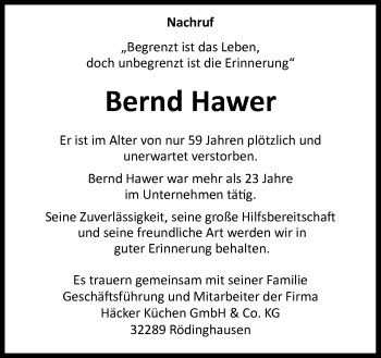 Traueranzeige von Bernd Hawer von Neue Osnabrücker Zeitung GmbH & Co. KG