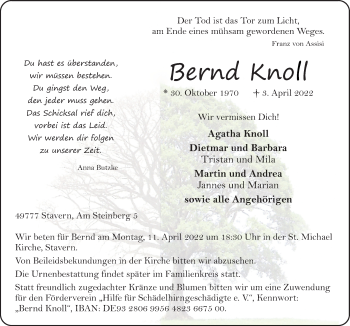 Traueranzeige von Bernd Knoll von Neue Osnabrücker Zeitung GmbH & Co. KG