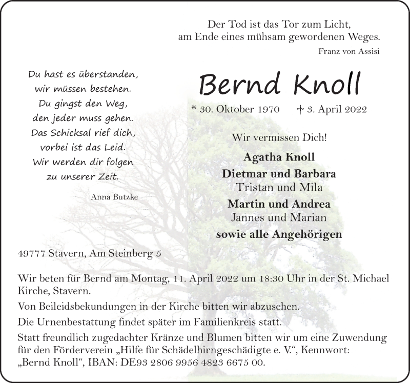  Traueranzeige für Bernd Knoll vom 07.04.2022 aus Neue Osnabrücker Zeitung GmbH & Co. KG