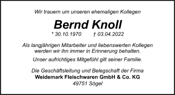 Traueranzeige von Bernd Knoll von Neue Osnabrücker Zeitung GmbH & Co. KG