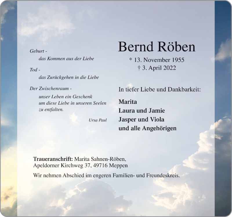  Traueranzeige für Bernd Röben vom 09.04.2022 aus Neue Osnabrücker Zeitung GmbH & Co. KG