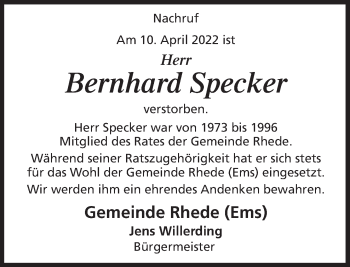 Traueranzeige von Bernd Specker von Neue Osnabrücker Zeitung GmbH & Co. KG