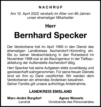 Traueranzeige von Bernd Specker von Neue Osnabrücker Zeitung GmbH & Co. KG