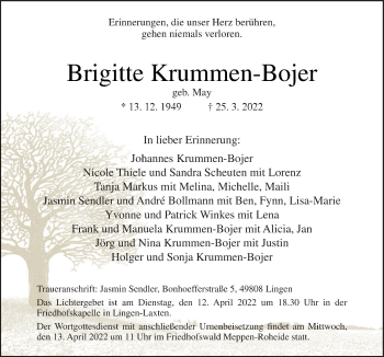 Traueranzeige von Brigitte Krummen-Bojer von Neue Osnabrücker Zeitung GmbH & Co. KG