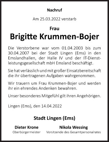 Traueranzeige von Brigitte Krummen-Bojer von Neue Osnabrücker Zeitung GmbH & Co. KG