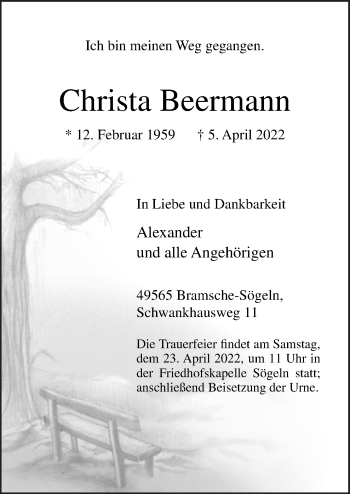 Traueranzeige von Christa Beermann von Neue Osnabrücker Zeitung GmbH & Co. KG