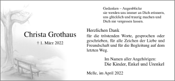 Traueranzeige von Christa Grothaus von Neue Osnabrücker Zeitung GmbH & Co. KG
