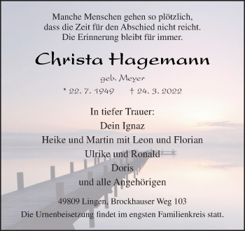 Traueranzeige von Christa Hagemann von Neue Osnabrücker Zeitung GmbH & Co. KG