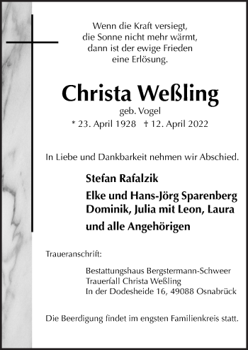Traueranzeige von Christa Weßling von Neue Osnabrücker Zeitung GmbH & Co. KG