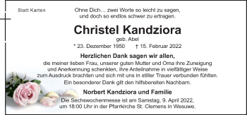 Traueranzeige von Christel Kandziora von Neue Osnabrücker Zeitung GmbH & Co. KG