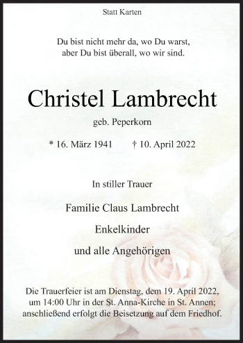 Traueranzeige von Christel Lambrecht von Neue Osnabrücker Zeitung GmbH & Co. KG