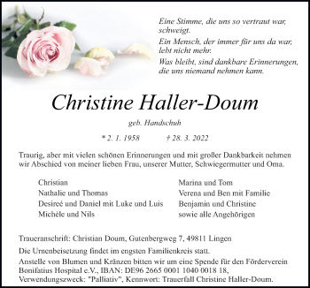 Traueranzeige von Christine Haller-Doum von Neue Osnabrücker Zeitung GmbH & Co. KG