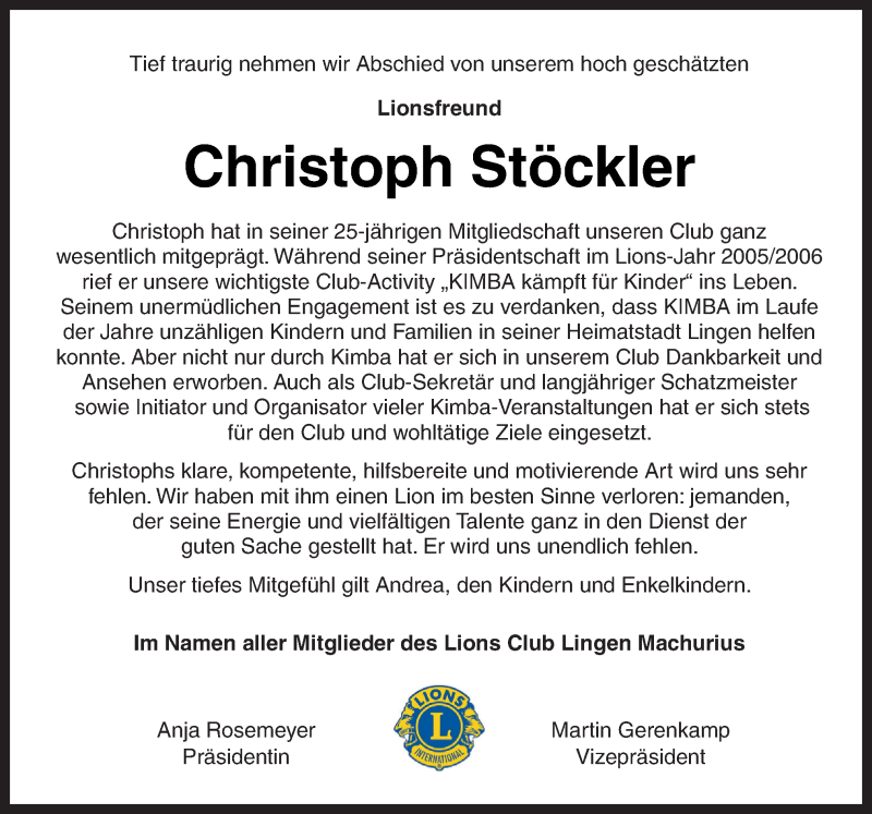  Traueranzeige für Christoph Stöckler vom 23.04.2022 aus Neue Osnabrücker Zeitung GmbH & Co. KG