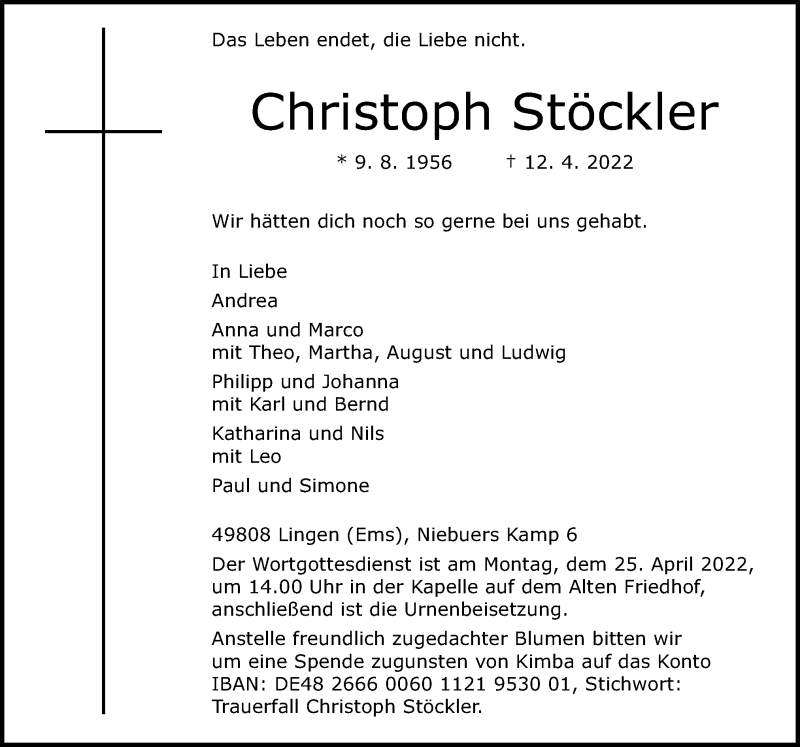  Traueranzeige für Christoph Stöckler vom 21.04.2022 aus Neue Osnabrücker Zeitung GmbH & Co. KG
