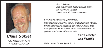 Traueranzeige von Claus Goblet von Neue Osnabrücker Zeitung GmbH & Co. KG