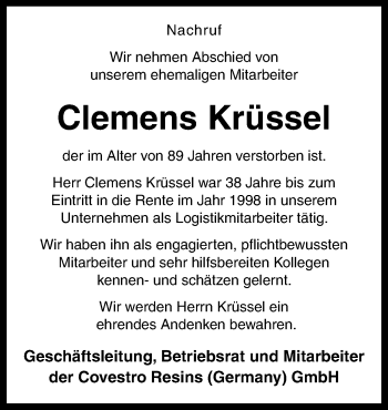 Traueranzeige von Clemens Krüssel von Neue Osnabrücker Zeitung GmbH & Co. KG