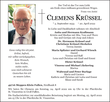 Traueranzeige von Clemens Krüssel von Neue Osnabrücker Zeitung GmbH & Co. KG