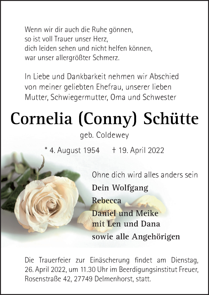  Traueranzeige für Cornelia Schütte vom 23.04.2022 aus DK Medien GmbH & Co. KG