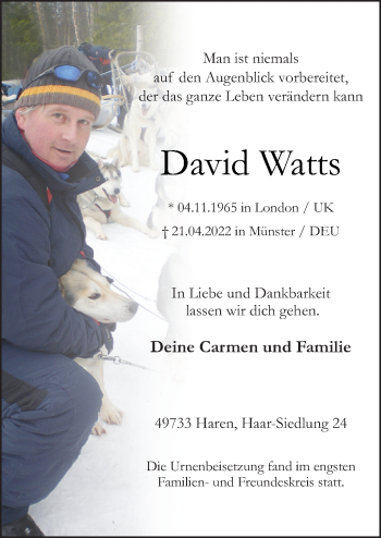 Traueranzeige von David Watts von Neue Osnabrücker Zeitung GmbH & Co. KG