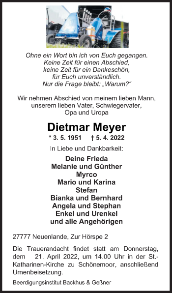 Traueranzeige von Dietmar Meyer von Neue Osnabrücker Zeitung GmbH & Co. KG