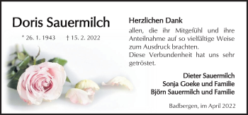 Traueranzeige von Doris Sauermilch von Neue Osnabrücker Zeitung GmbH & Co. KG