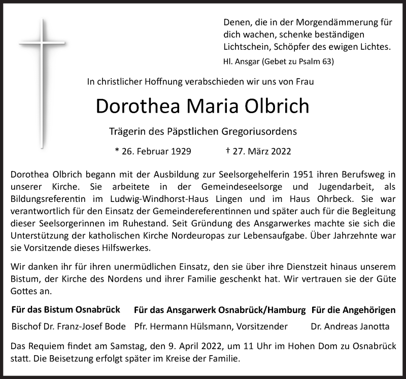  Traueranzeige für Dorothea Maria Olbrich vom 01.04.2022 aus Neue Osnabrücker Zeitung GmbH & Co. KG