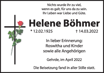 Traueranzeige von Helene Böhmer von Neue Osnabrücker Zeitung GmbH & Co. KG