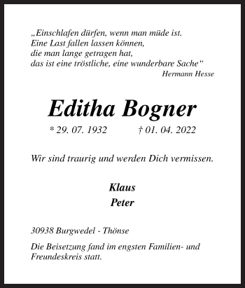 Traueranzeige von Editha Bogner von Neue Osnabrücker Zeitung GmbH & Co. KG