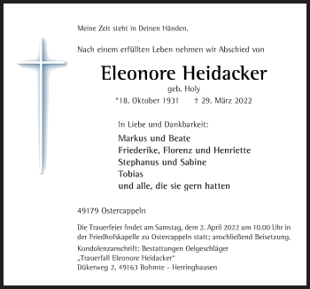 Traueranzeige von Eleonore Heidacker von Neue Osnabrücker Zeitung GmbH & Co. KG