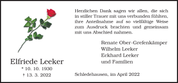 Traueranzeige von Elfriede Leeker von Neue Osnabrücker Zeitung GmbH & Co. KG