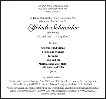 Traueranzeige von Elfriede Schneider von Neue Osnabrücker Zeitung GmbH & Co. KG