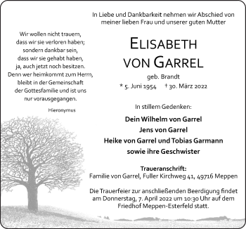 Traueranzeige von Elisabeth von Garrel von Neue Osnabrücker Zeitung GmbH & Co. KG