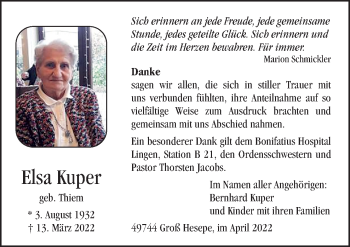 Traueranzeige von Elsa Kuper von Neue Osnabrücker Zeitung GmbH & Co. KG