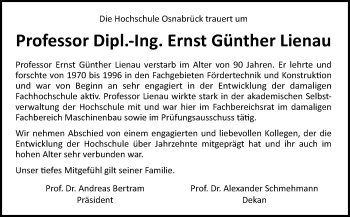 Traueranzeige von Ernst Günther Lienau von Neue Osnabrücker Zeitung GmbH & Co. KG