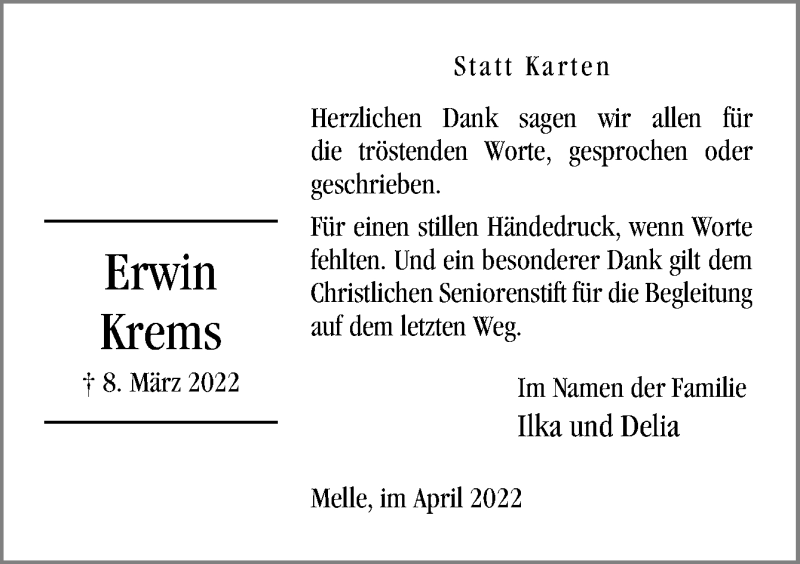  Traueranzeige für Erwin Krems vom 09.04.2022 aus Neue Osnabrücker Zeitung GmbH & Co. KG