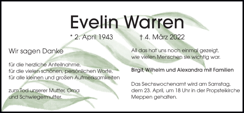  Traueranzeige für Evelin Warren vom 16.04.2022 aus Neue Osnabrücker Zeitung GmbH & Co. KG
