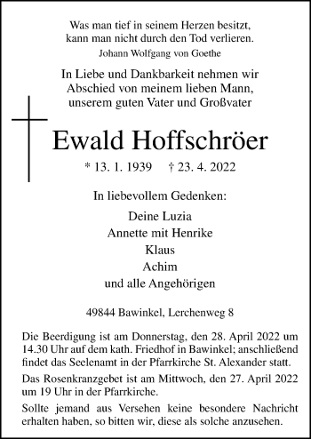 Traueranzeige von Ewald Hoffschröer von Neue Osnabrücker Zeitung GmbH & Co. KG