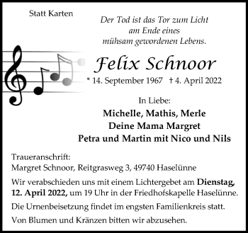 Traueranzeige von Felix Schnoor von Neue Osnabrücker Zeitung GmbH & Co. KG