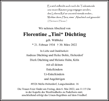 Traueranzeige von Florentine Düchting von Neue Osnabrücker Zeitung GmbH & Co. KG