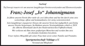 Traueranzeige von Franz-Josef Johannigmann von Neue Osnabrücker Zeitung GmbH & Co. KG