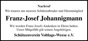 Traueranzeige von Franz-Josef Johannigmann von Neue Osnabrücker Zeitung GmbH & Co. KG