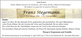 Traueranzeige von Franz Stegemann von Neue Osnabrücker Zeitung GmbH & Co. KG